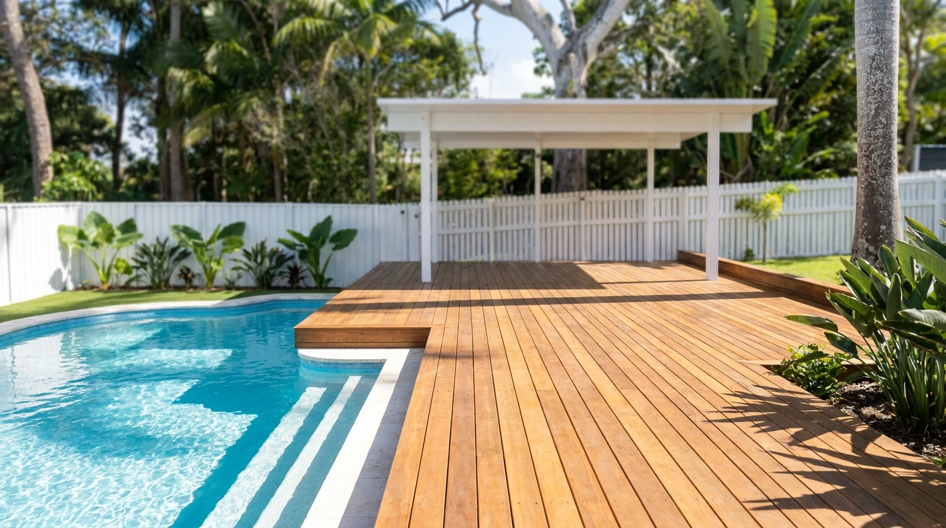Timber pool deck with cabana and white picket fencing built by BCM Builders on the Sunshine Coast